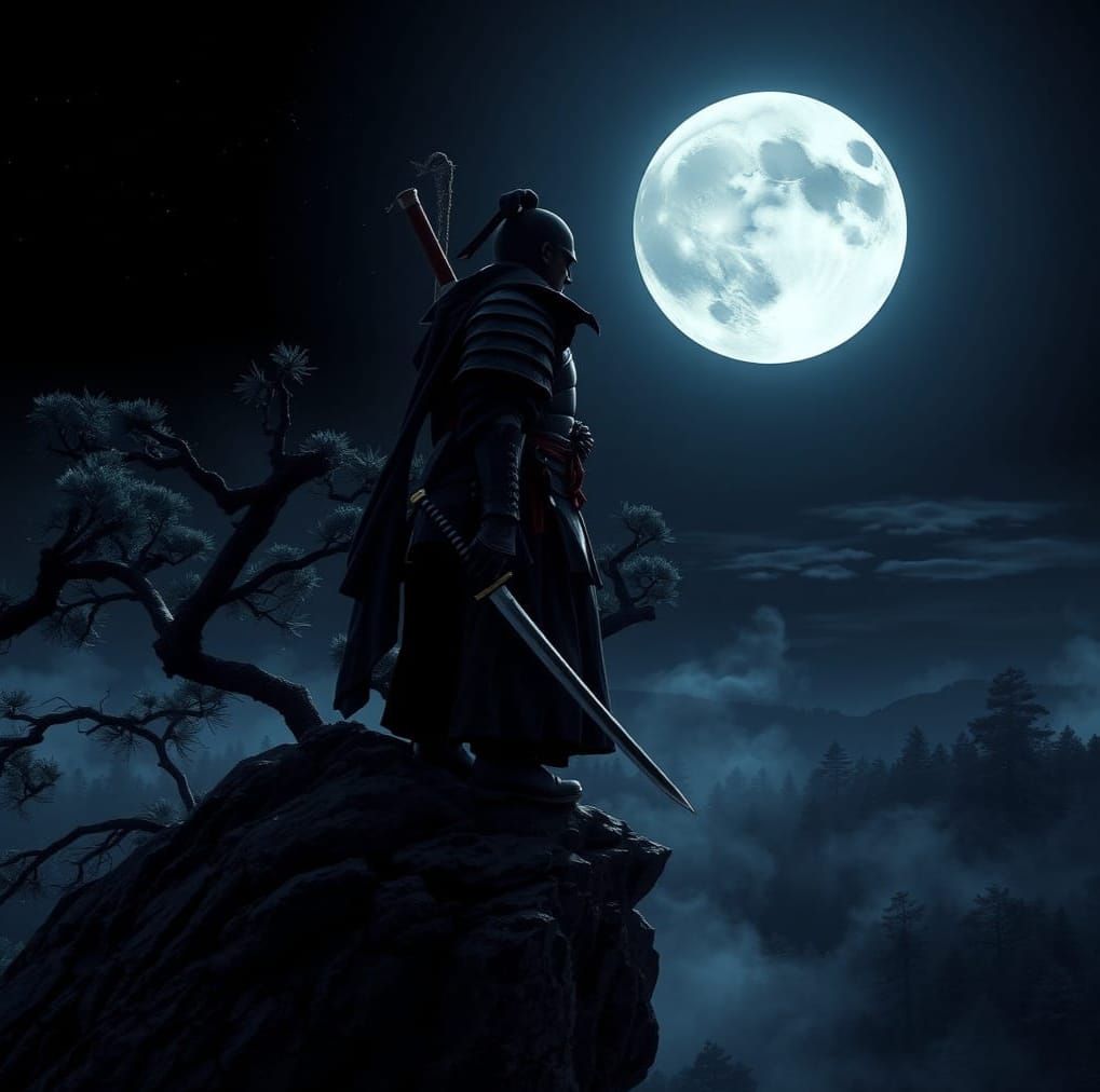 Samurai Silhouette Under Full Moon on Cliff