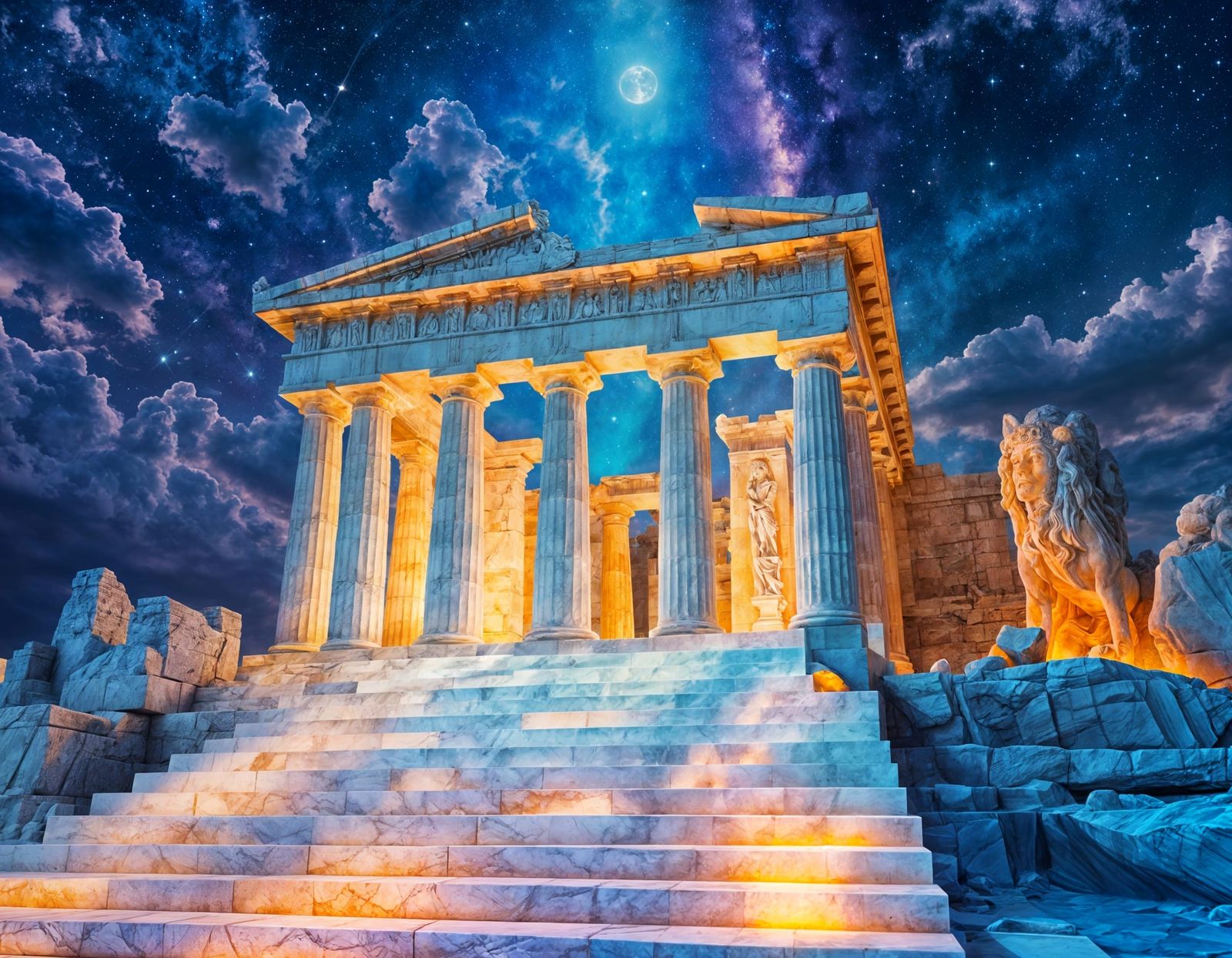 Ethereal Greek Temple Under Iridescent Skies