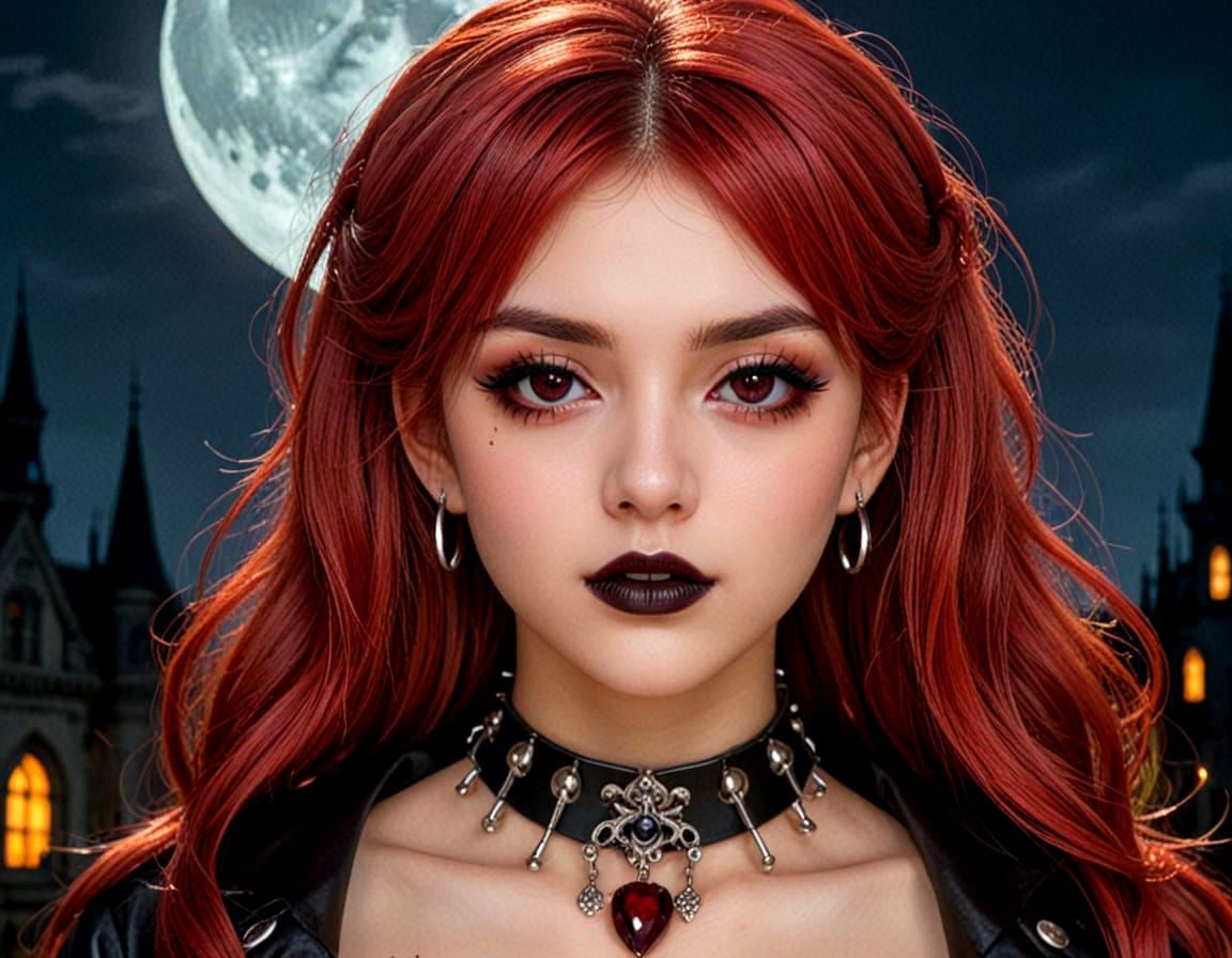 Gothic Vampire Woman in Dark Streetwear, Red Hair, and Jewel...