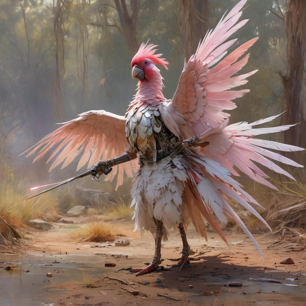 Steampunk Galah in Watercolour with Metallic Feathers