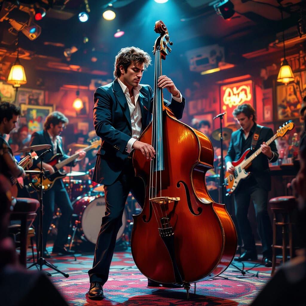 Upright Bass Player in Crowded Bar