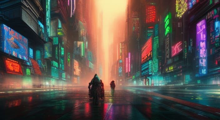 Hyperdetailed Neon Cyberpunk Street Scene