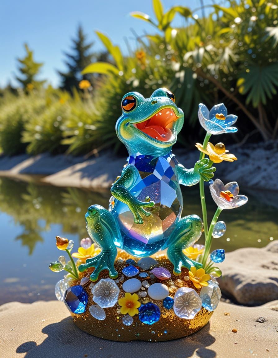 Happy Frog Crystal Sculpture with Duckling