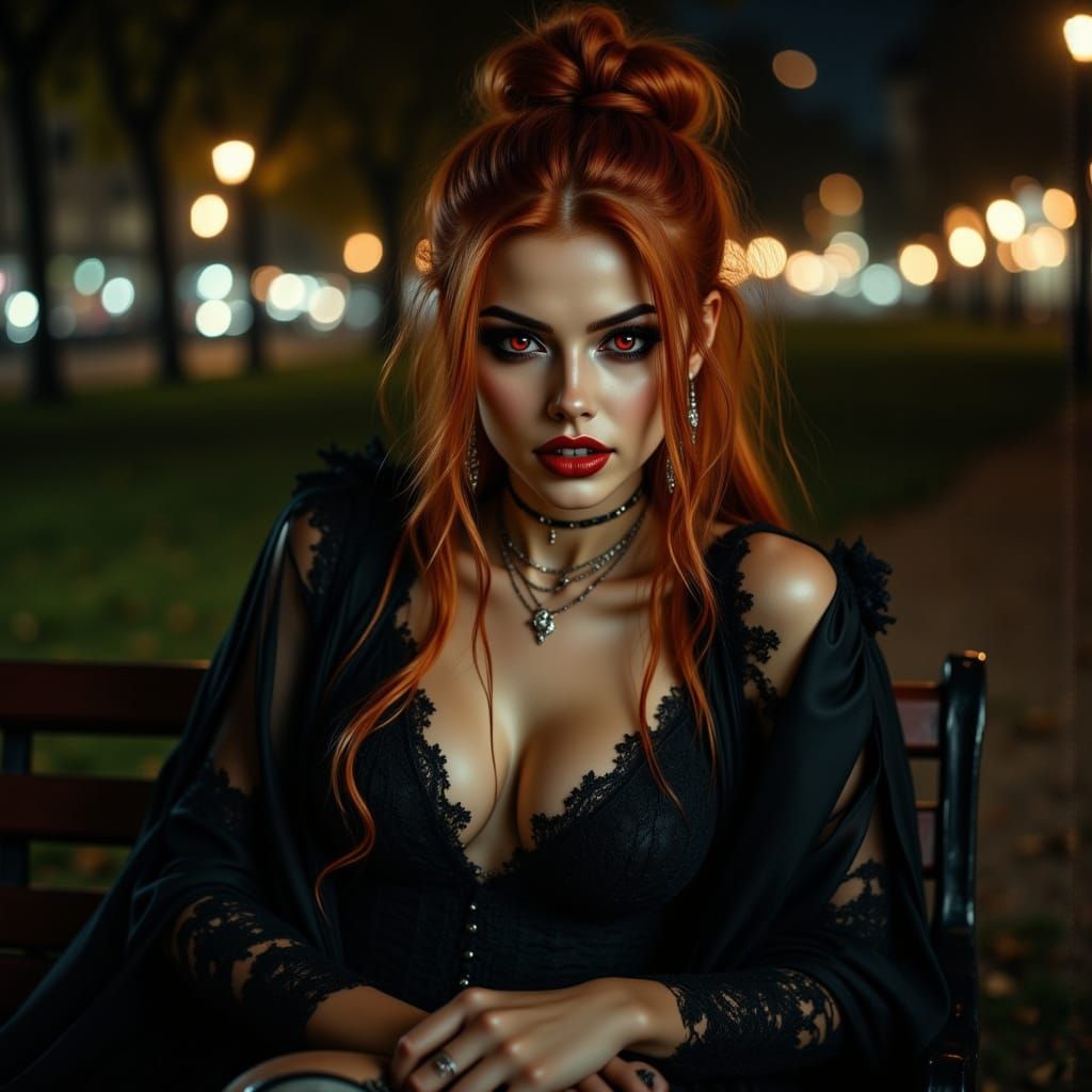 Auburn Haired Vampire Woman in Dark Park