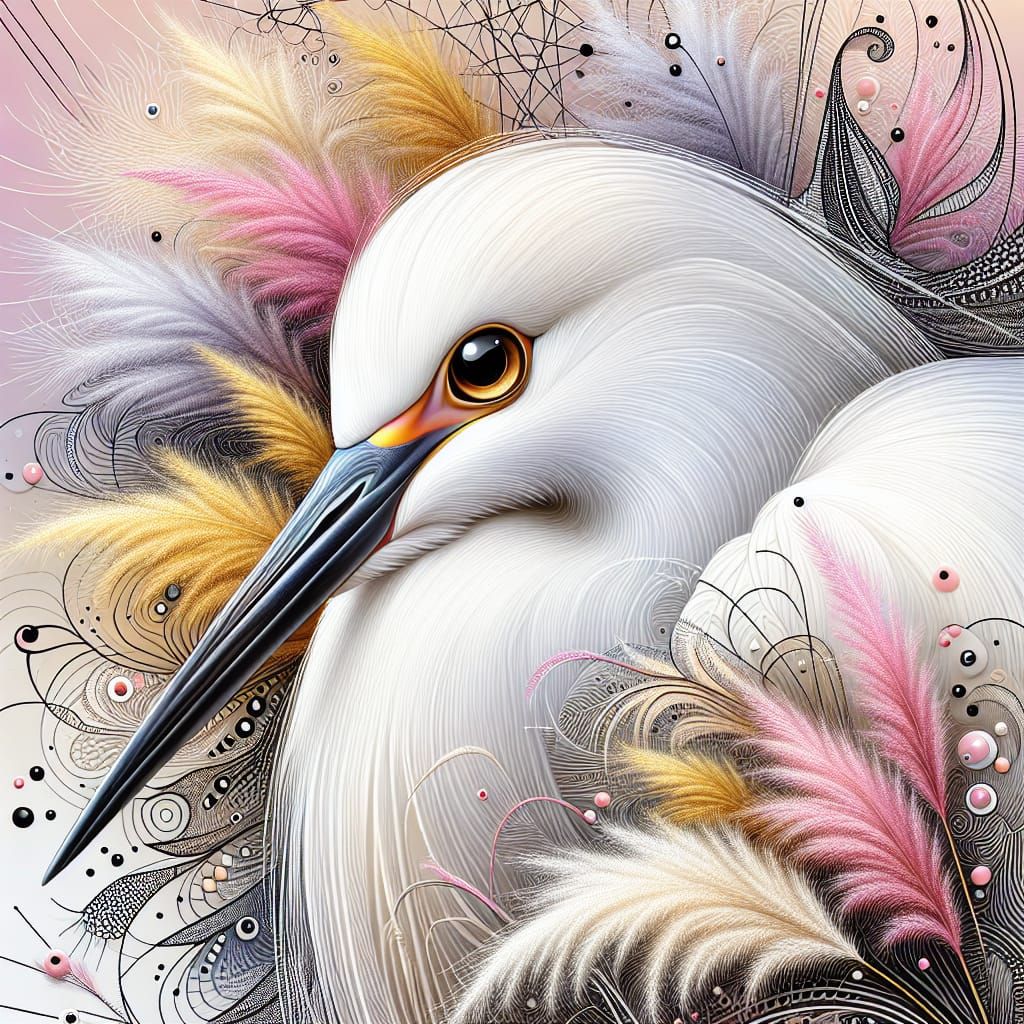 Snowy White Egret with Abstract Fractal Background