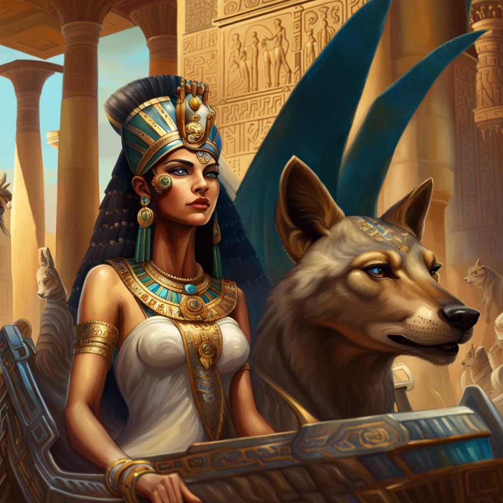 Cleopatra standing in a Egyptian chariot