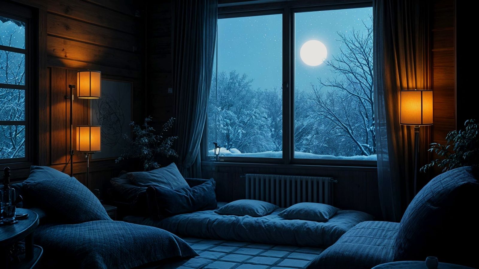 A Snowy Night Scene Inside a Cozy 3D Anime House