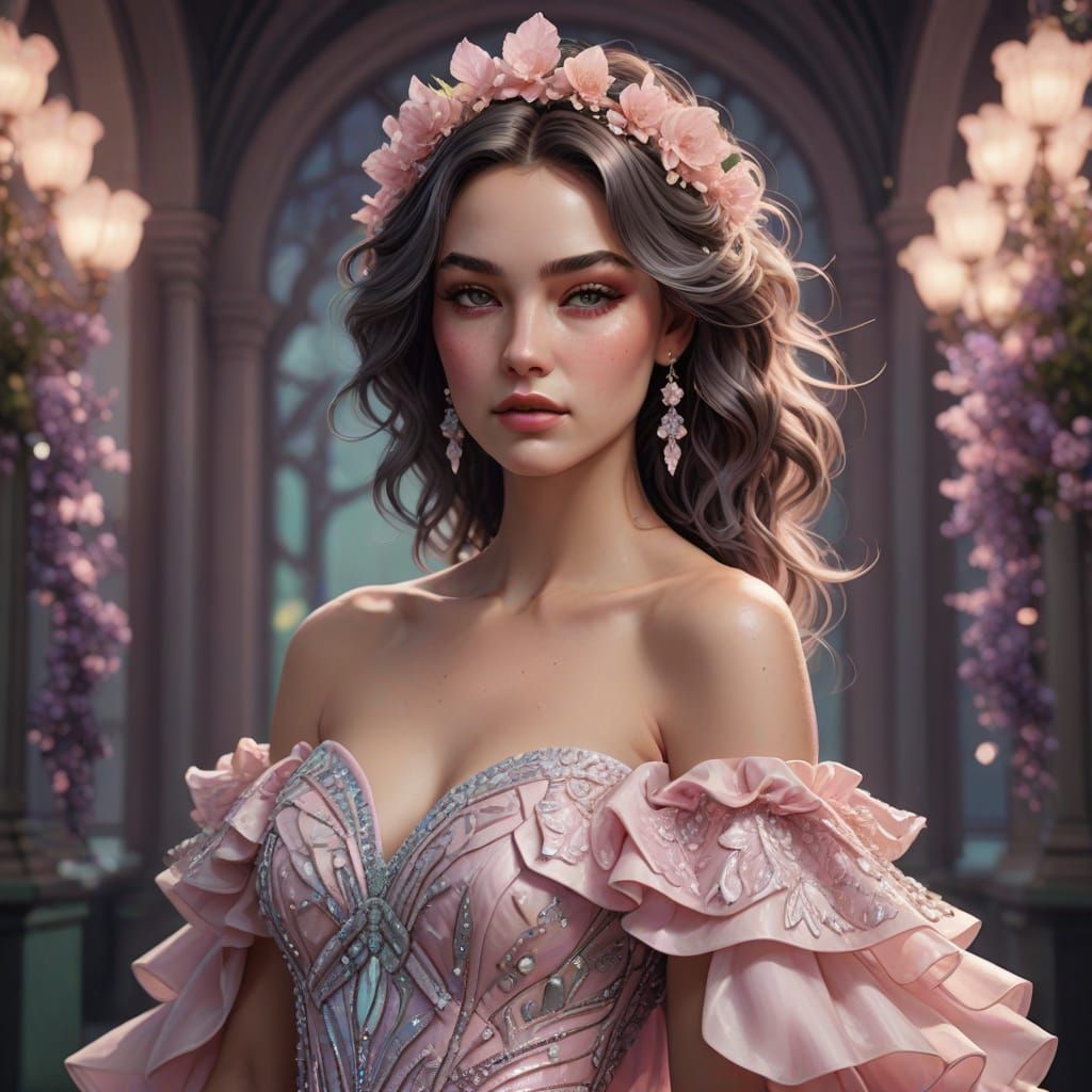 Elegant Young Woman in Whimsical Prom Dress with Art Nouveau...