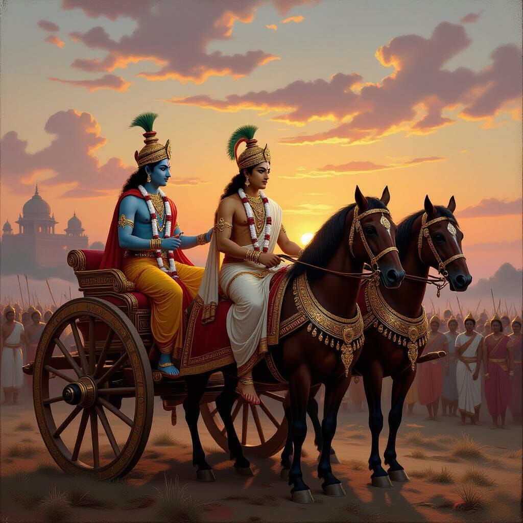 Arjuna and Krishna at Kurukshetra, Raja Ravi Varma Style