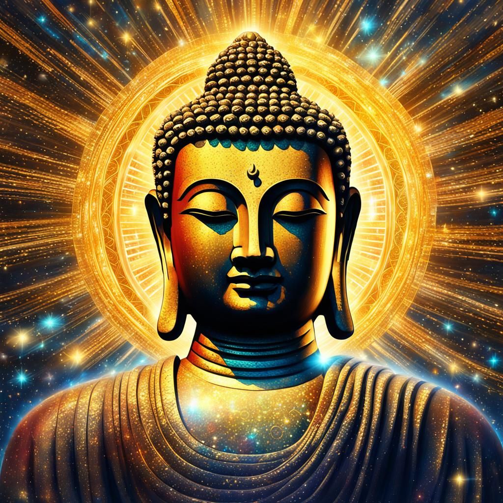 Lord Buddha with Golden Rays: Cosmic Illustration