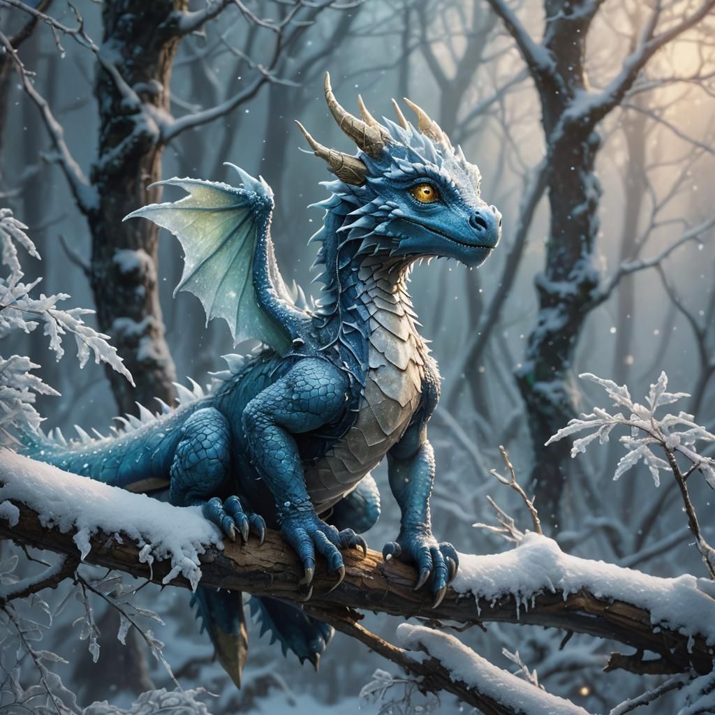 Snow Dragon in Misty Forest: Fantasy Concept Art