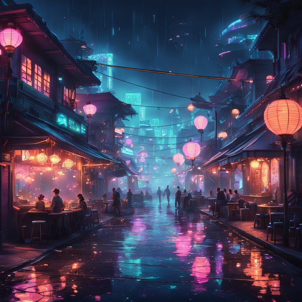 Magical Seaside Boulevard at Night with Neon Glow