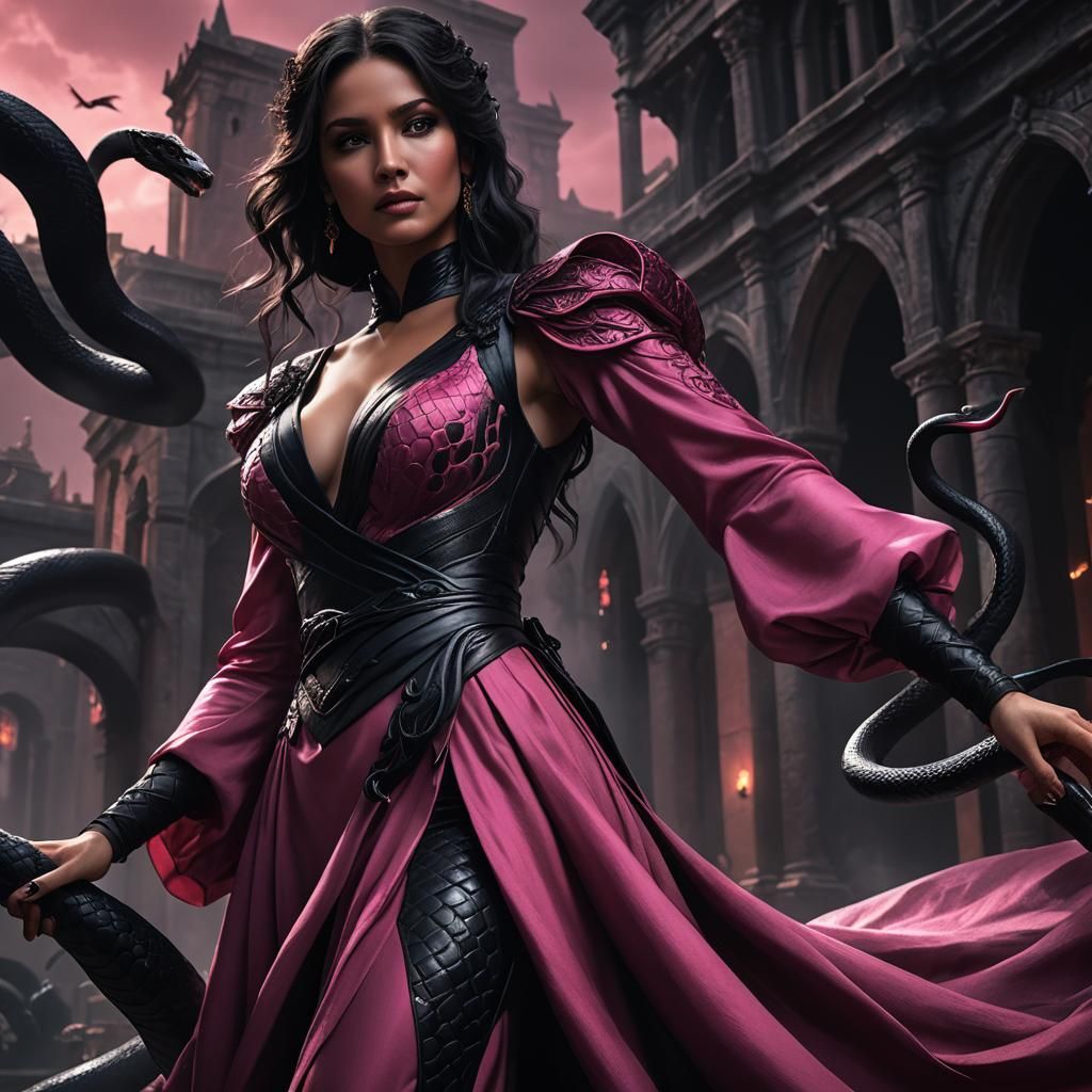 Gothic Romance: Snake and Woman in Dark Pink