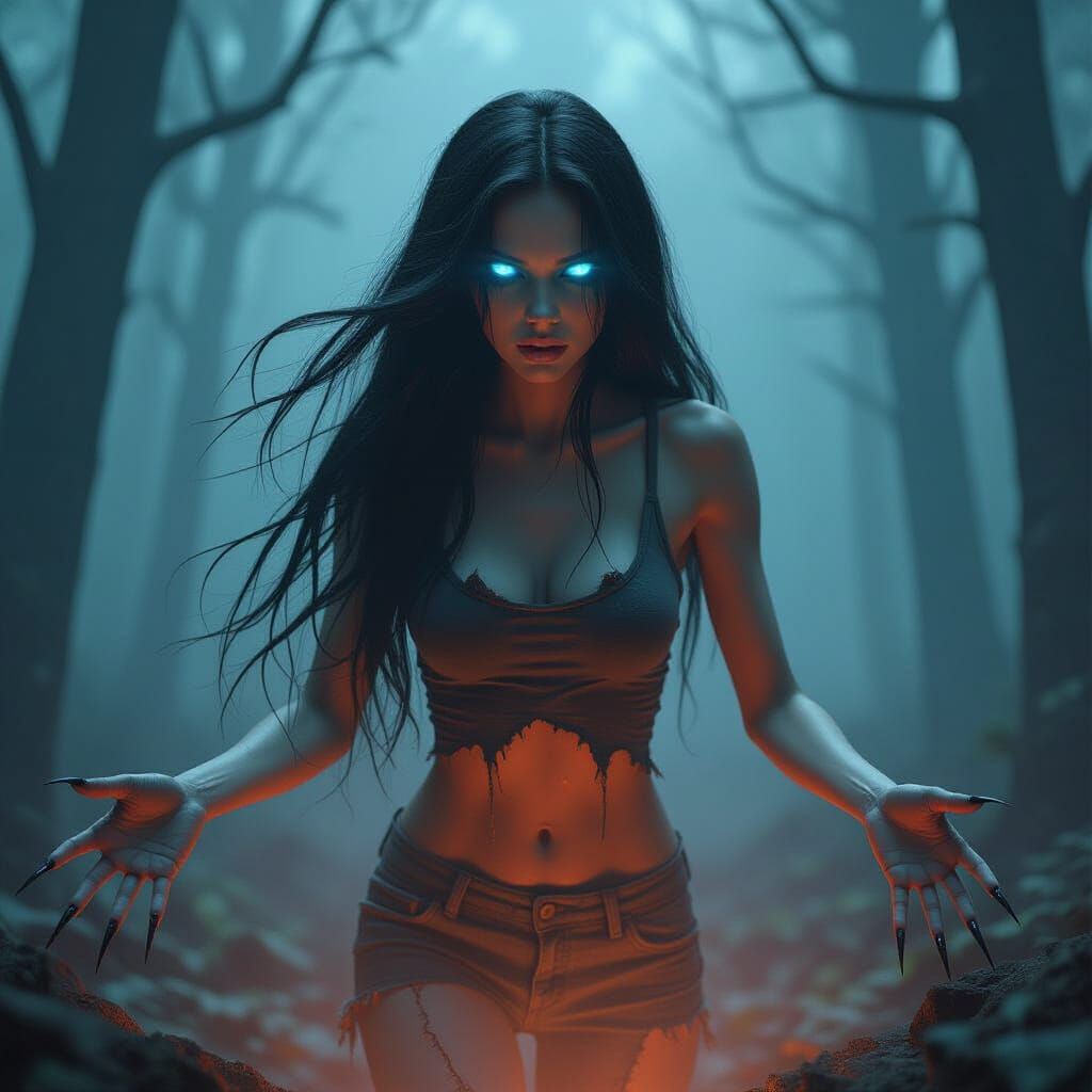 Ethereal Female Ghost with Glowing Eyes in Dark Forest