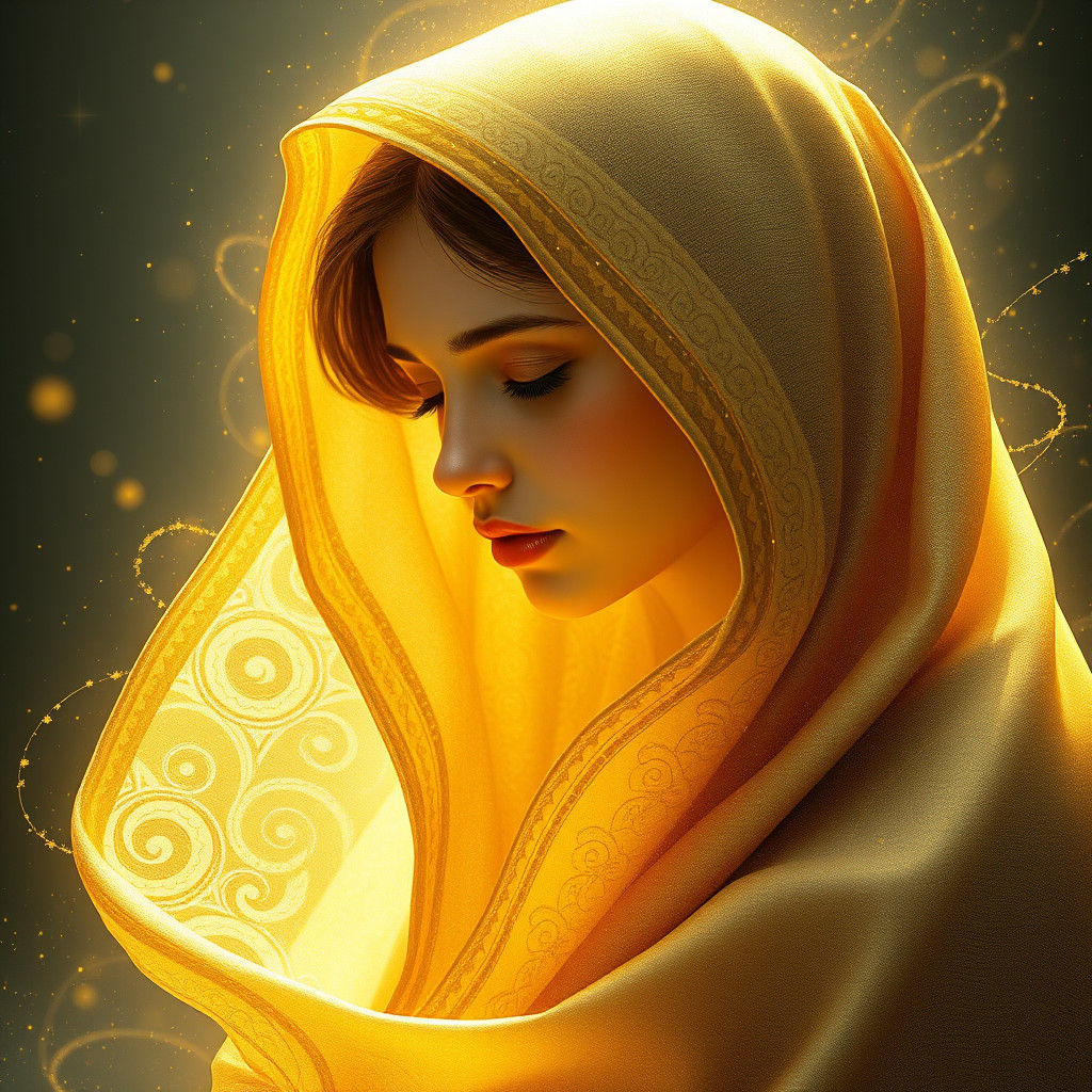 Radiant Woman in Shimmering Cloak, Dreamlike Digital Art