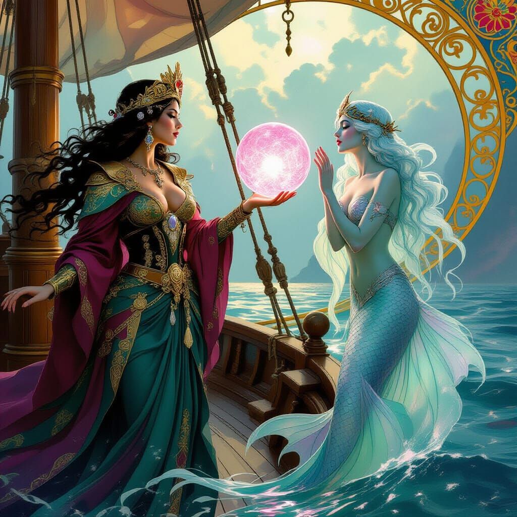 Pirate Queen Captures Mermaid with Love's Orb in Art Nouveau...