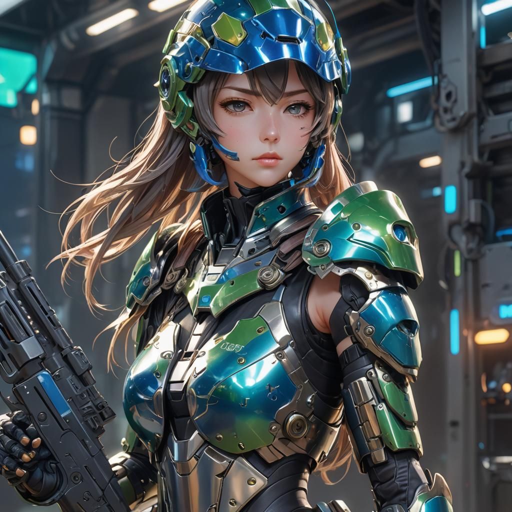 Anime Girl in Armor Holding Gun, 3D Art