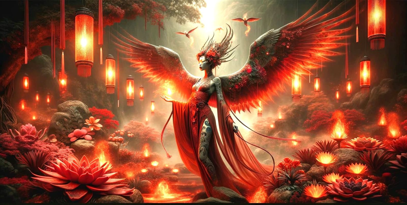 Valkyrie in Fiery Garden, Art Deco Surrealism