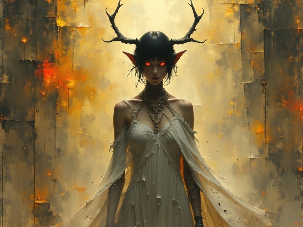 Fantasy Oil Painting of a Mythical Woman with Antlers