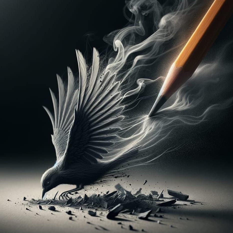 Charcoal Pencil Draws Bird in Hyper-Realistic Style