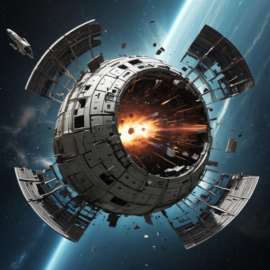 sphere shaped spacecraft, traveling in space getting torn ap...