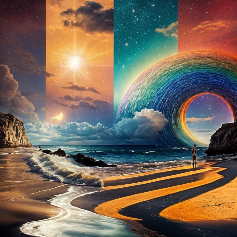 Rainbow Waves Under Starry Night Sky