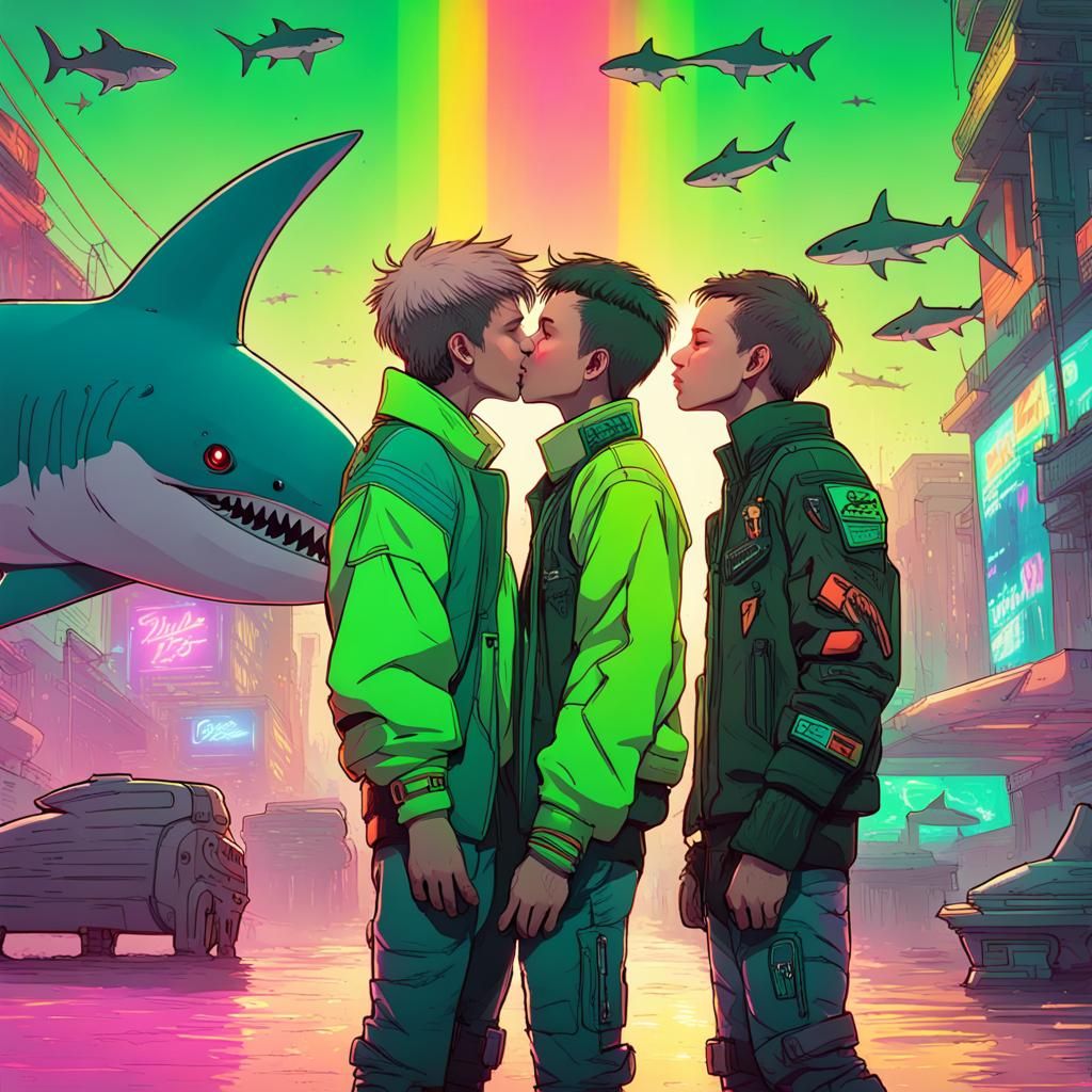 Boys' Cyberpunk Kiss Under Rainbow, Surrounded by Sharks