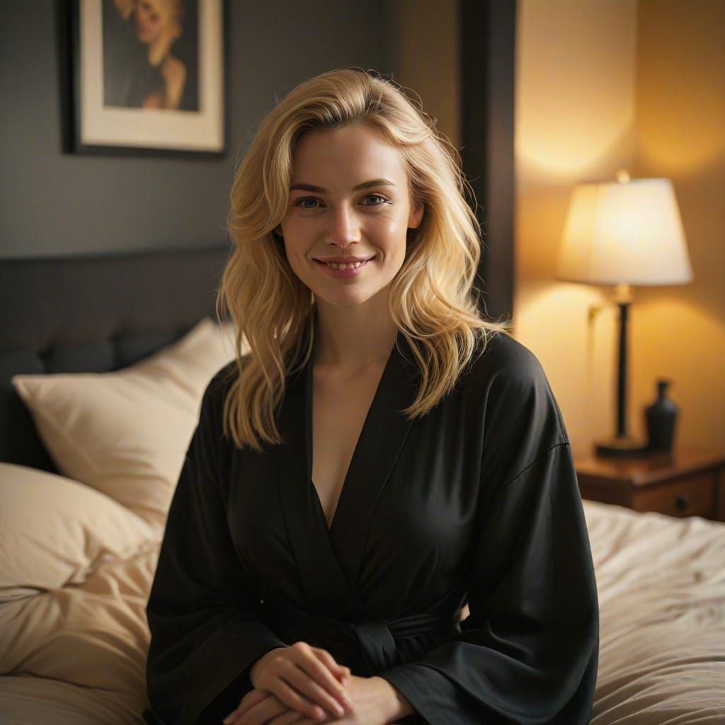 Blonde Woman in Black Robe Portrait in Film Noir Style