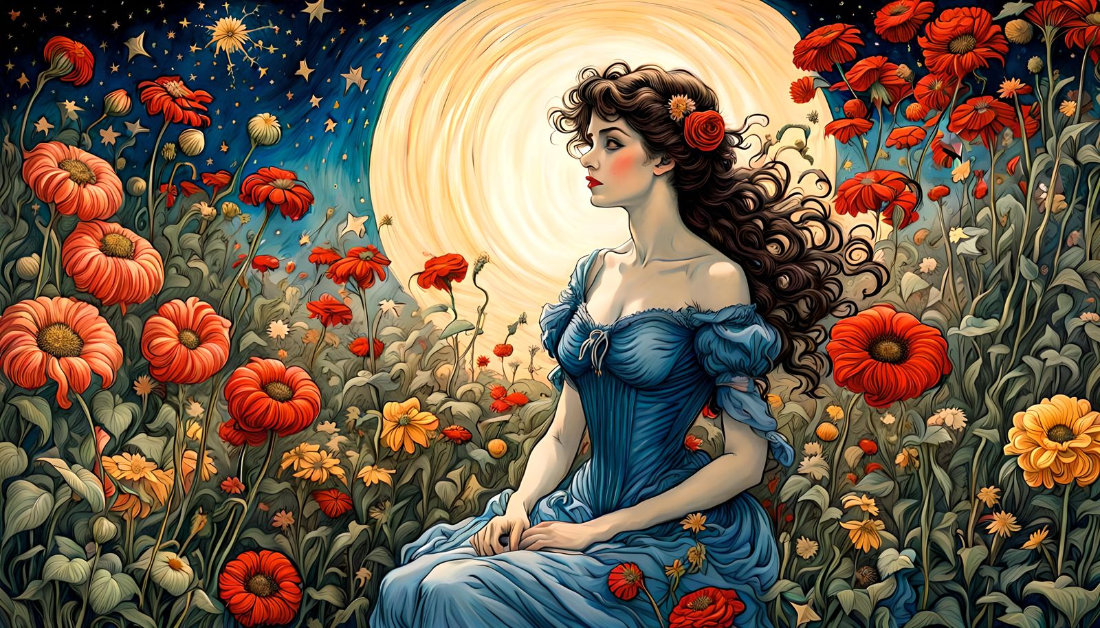 Fantasy flower garden, stars in background, stars twinkle ev...