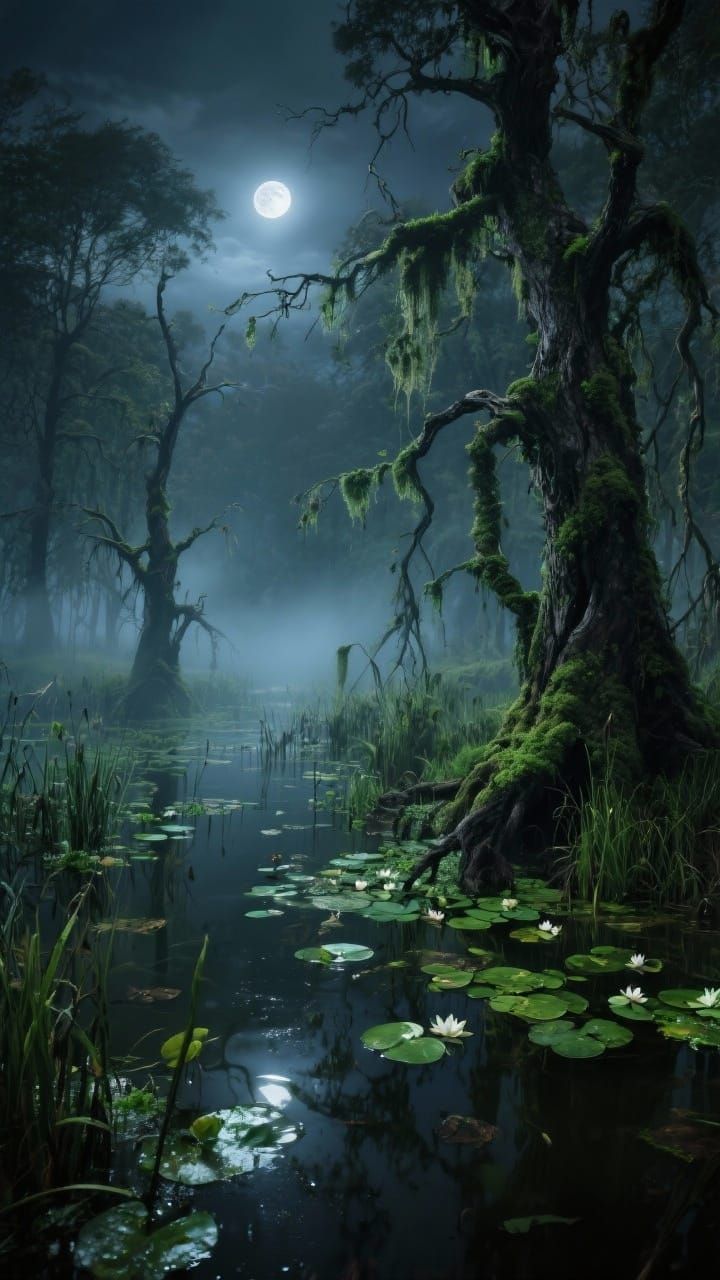 Moonlit Swamp with Mossy Trees in Hyperrealism