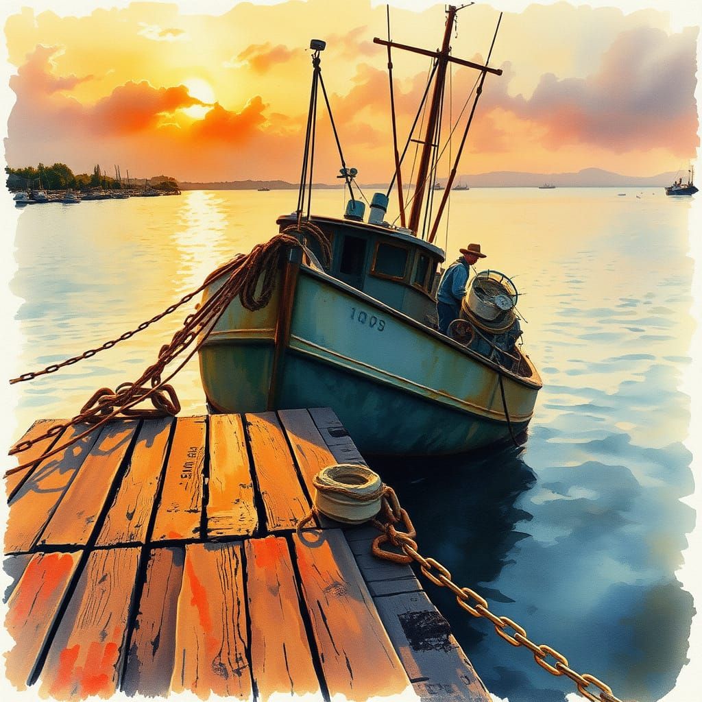 Fishing Barge at Dusk: Watercolour Painting