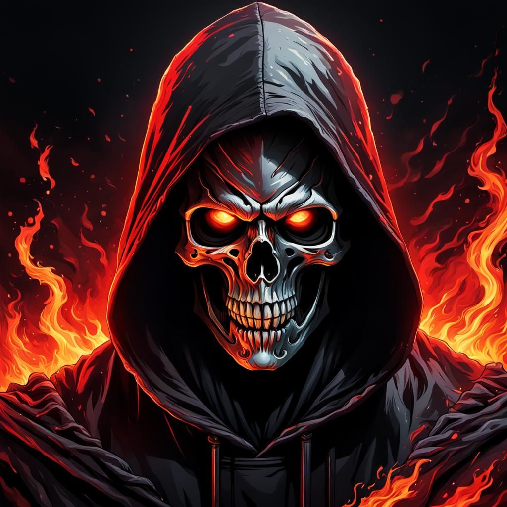 Hyperrealistic Hooded Reaper with Fire Background