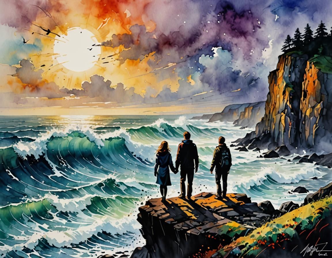 Couple Gazing at Moonlit Ocean in Ink Art Style