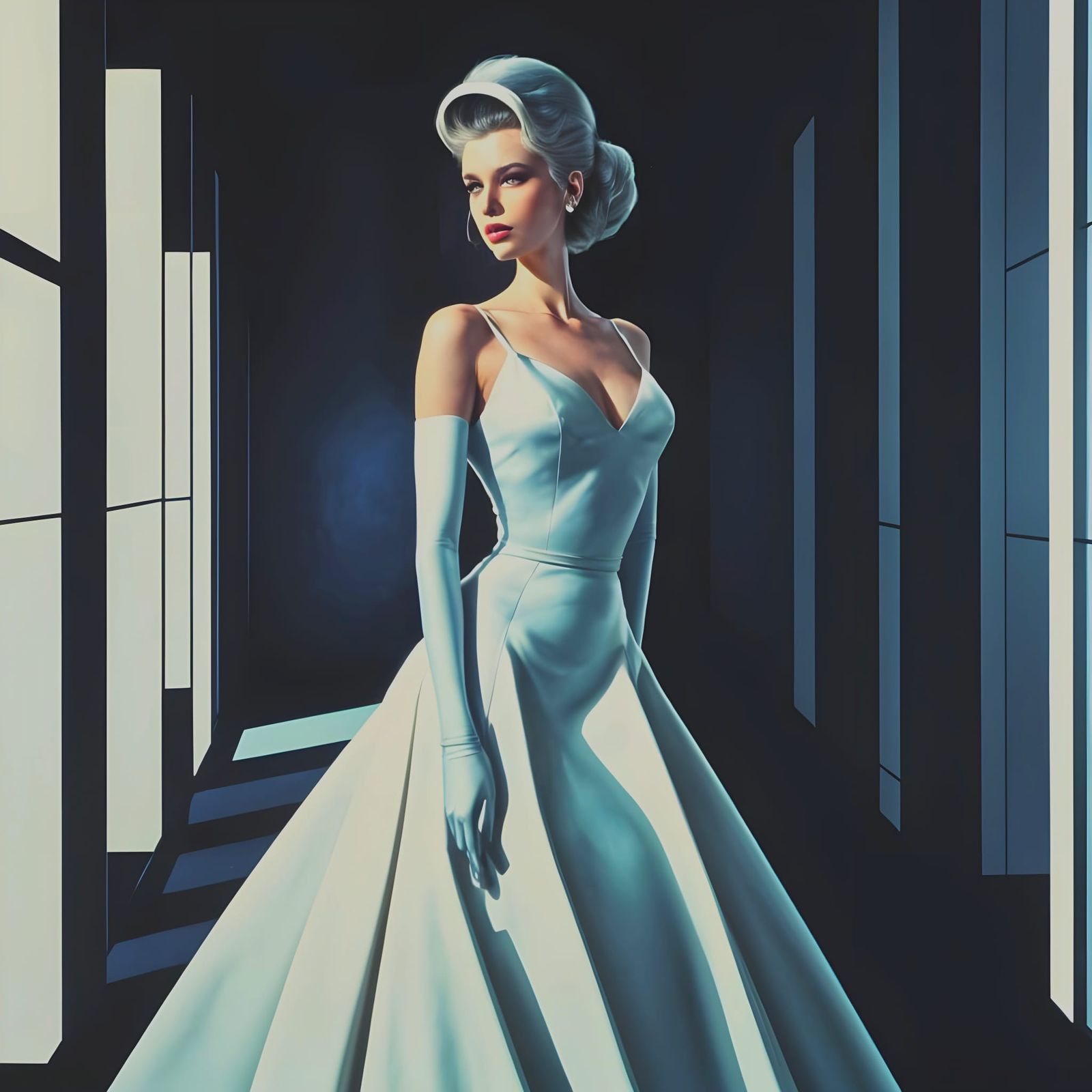 Elegant 1960s Fashion Portrait in Dramatic Lighting