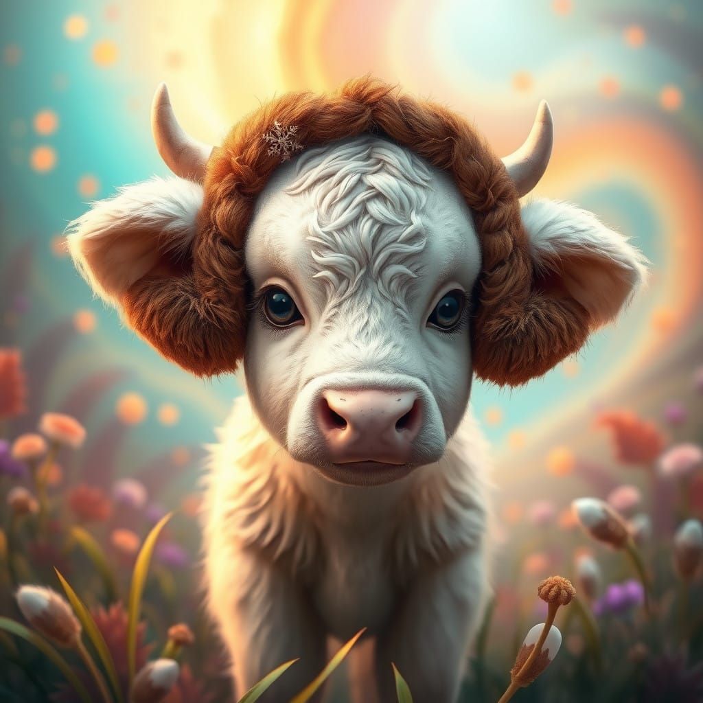 Cute Baby Cow in Whimsical Winter Wonderland