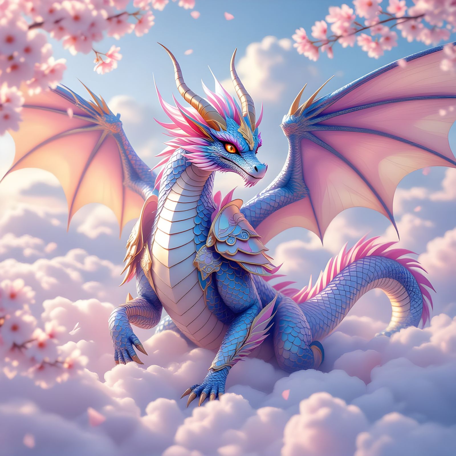 Iridescent Dragon Amidst Cherry Blossoms