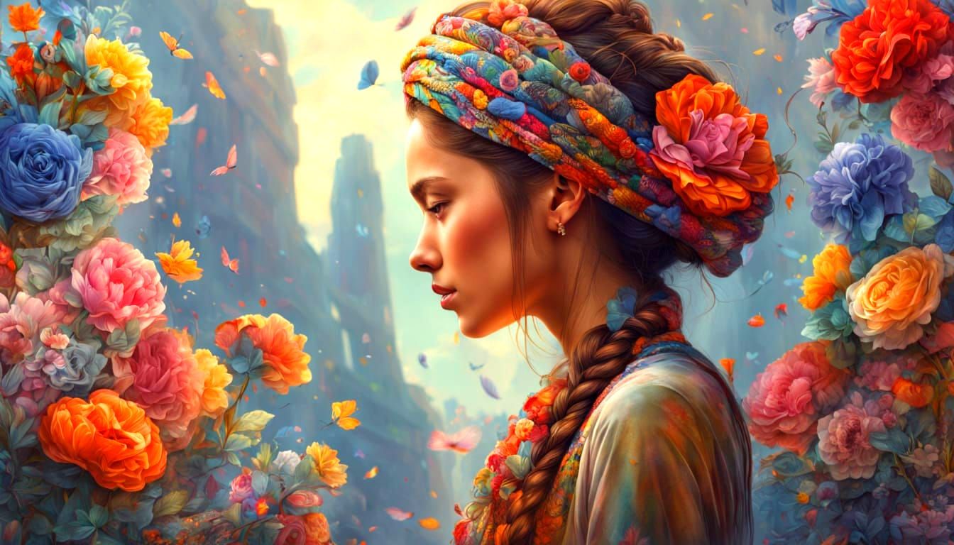 Portrait of Brunette Woman with Headdress in HD 8K