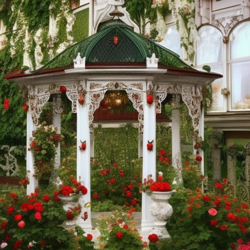 Ornate Hearts Gazebo with Roses, Hyperrealistic Art