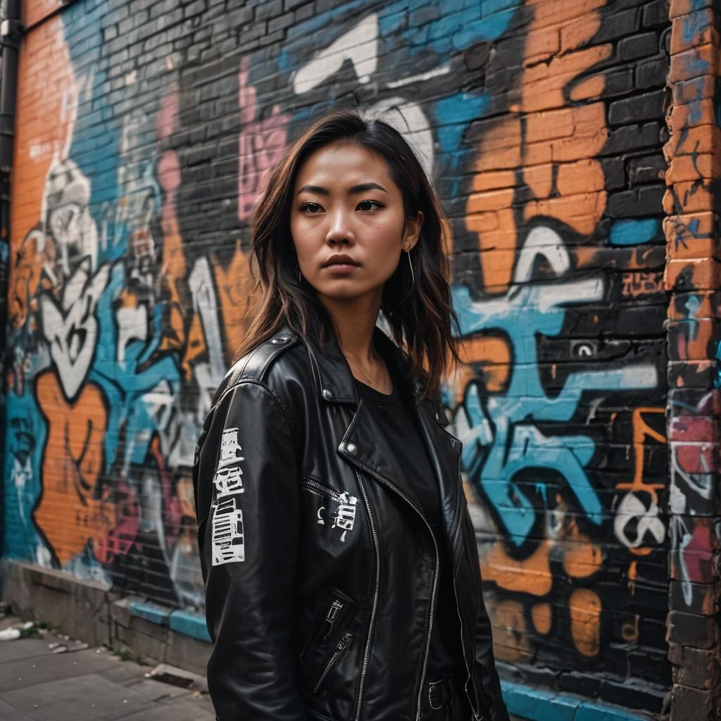 Cyberpunk Woman in Urban Cityscape at Dusk