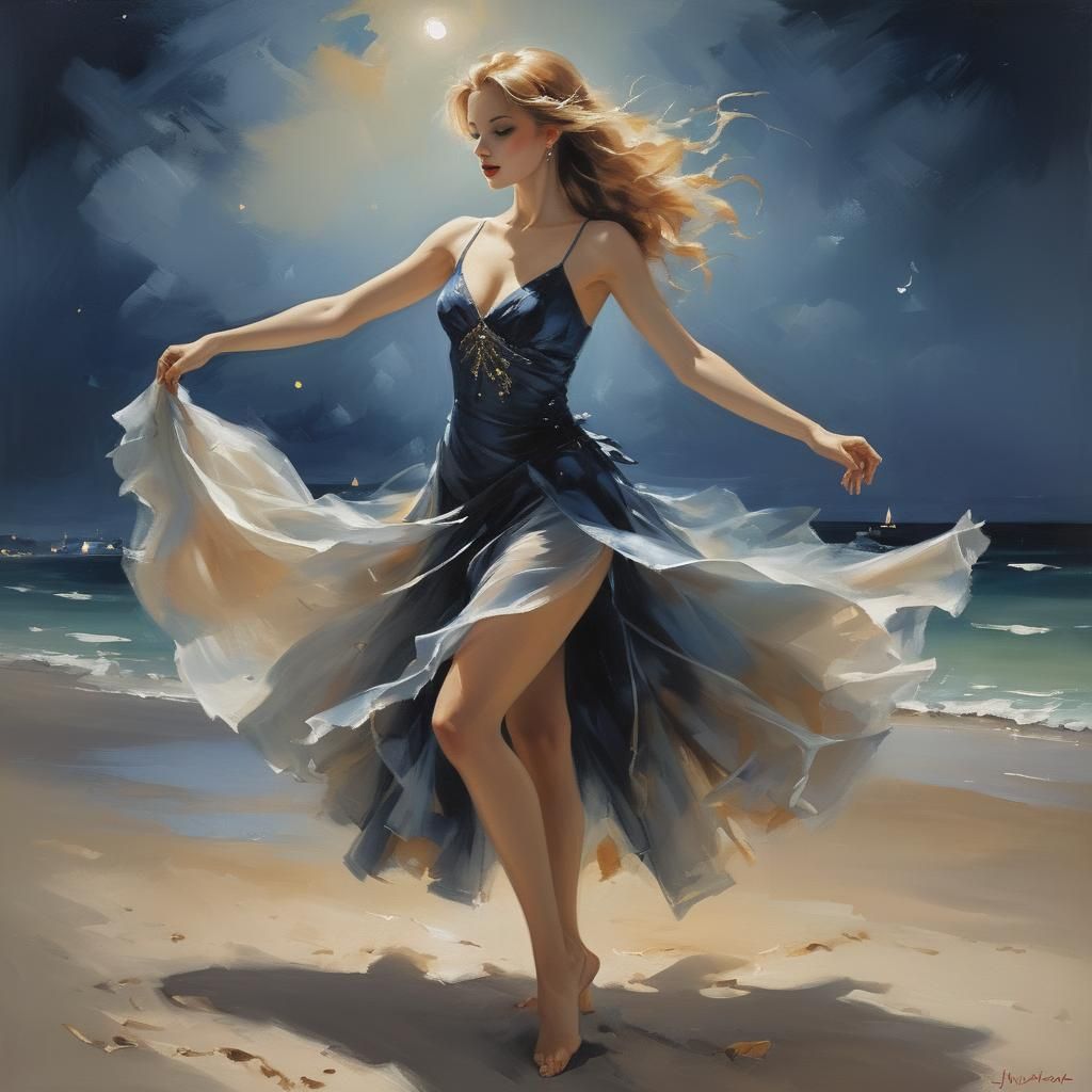 Woman Dancing on Beach in Romantic Style