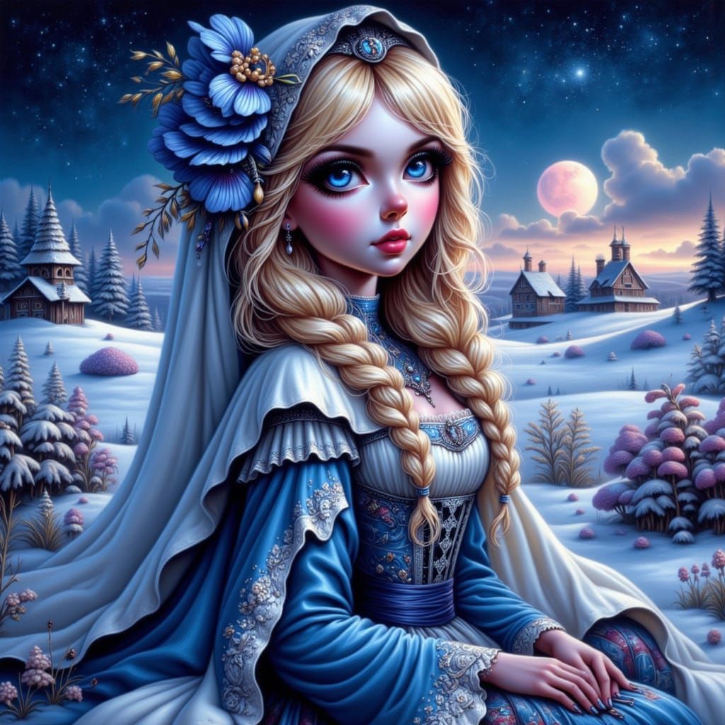 Ethereal Girl in Blue Iris Sarafan on Snowy Tundra