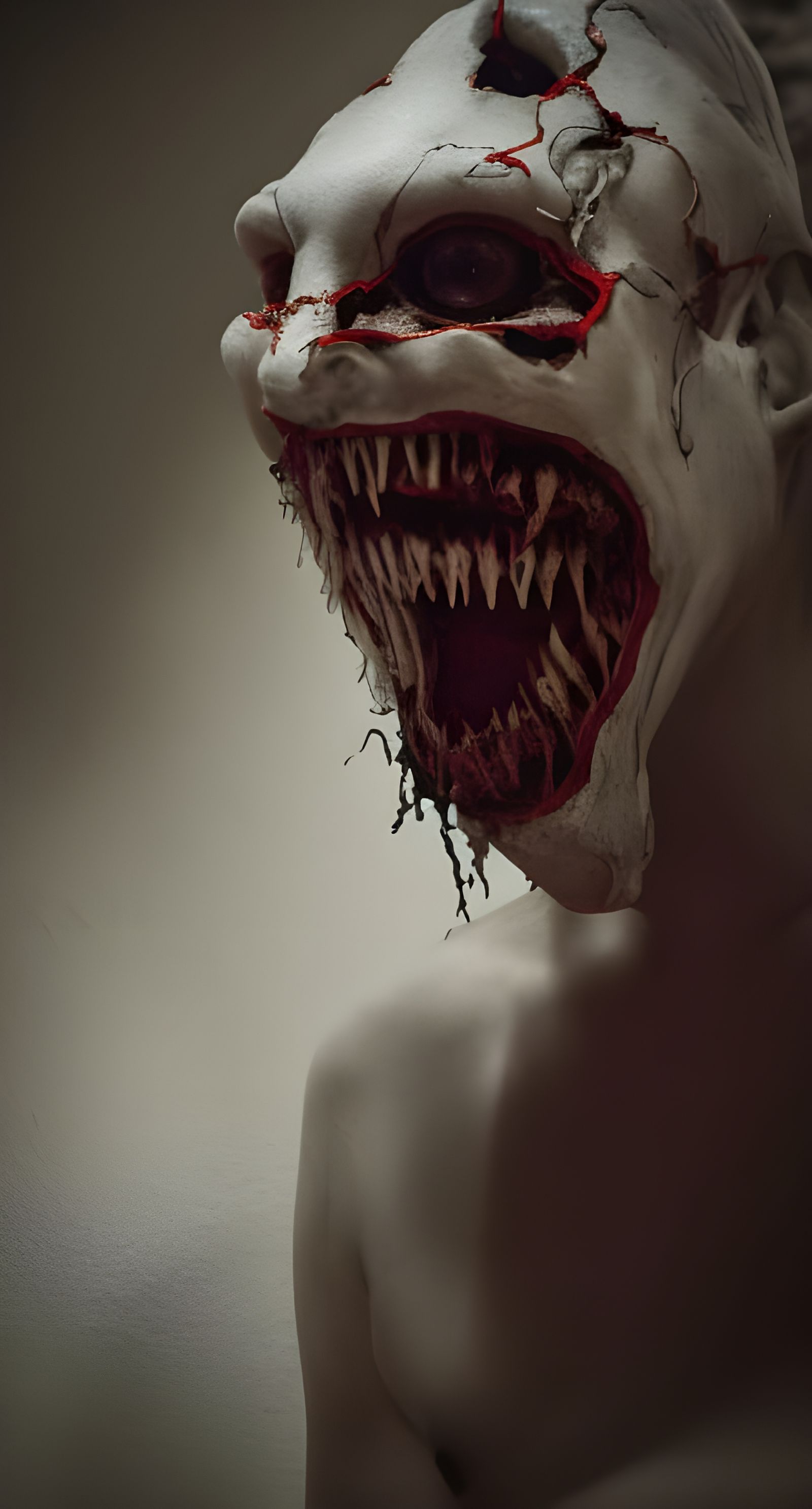 Demonic Face with Cracked Skin and Dripping Fangs