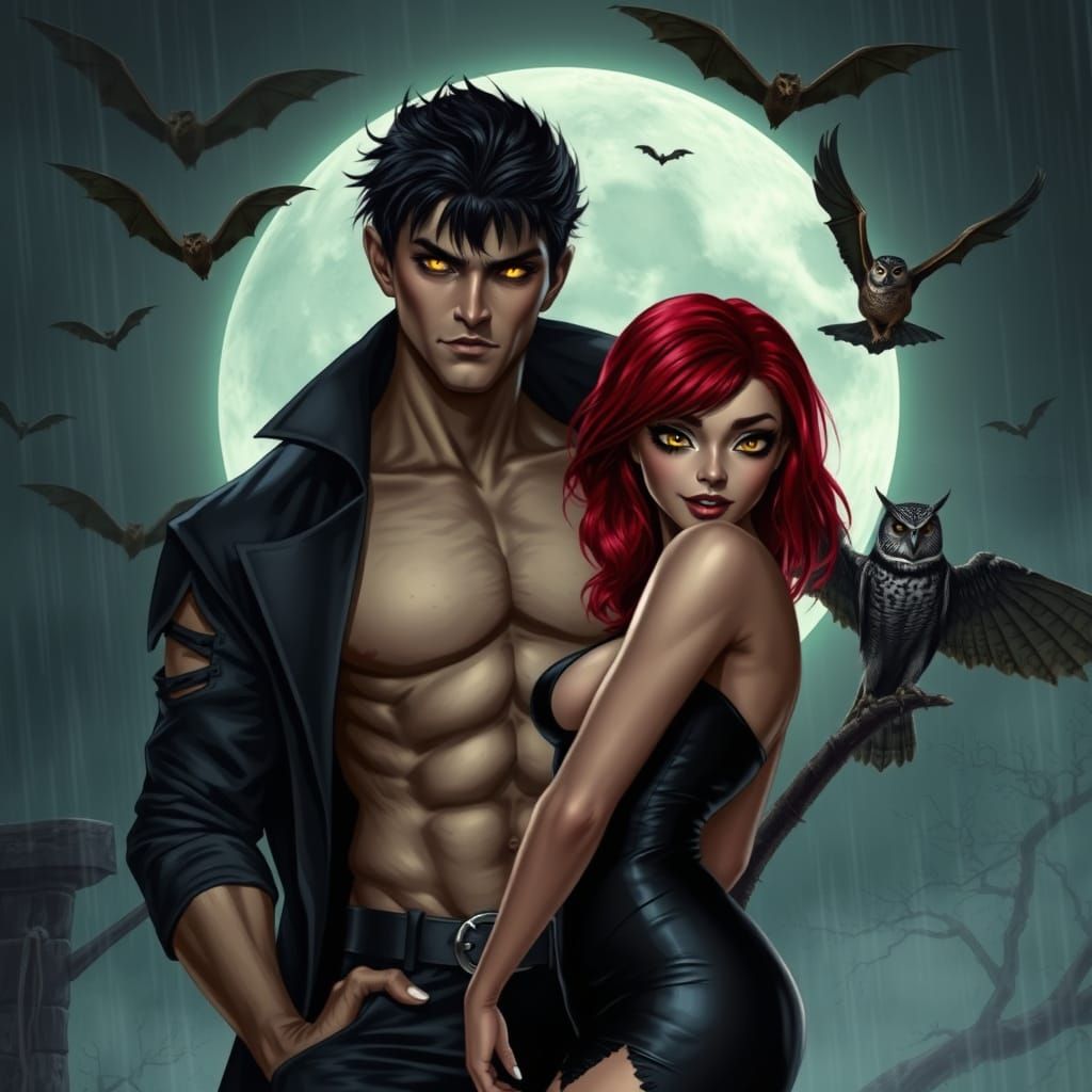 Gothic Vampire Couple Under a Misty Moon