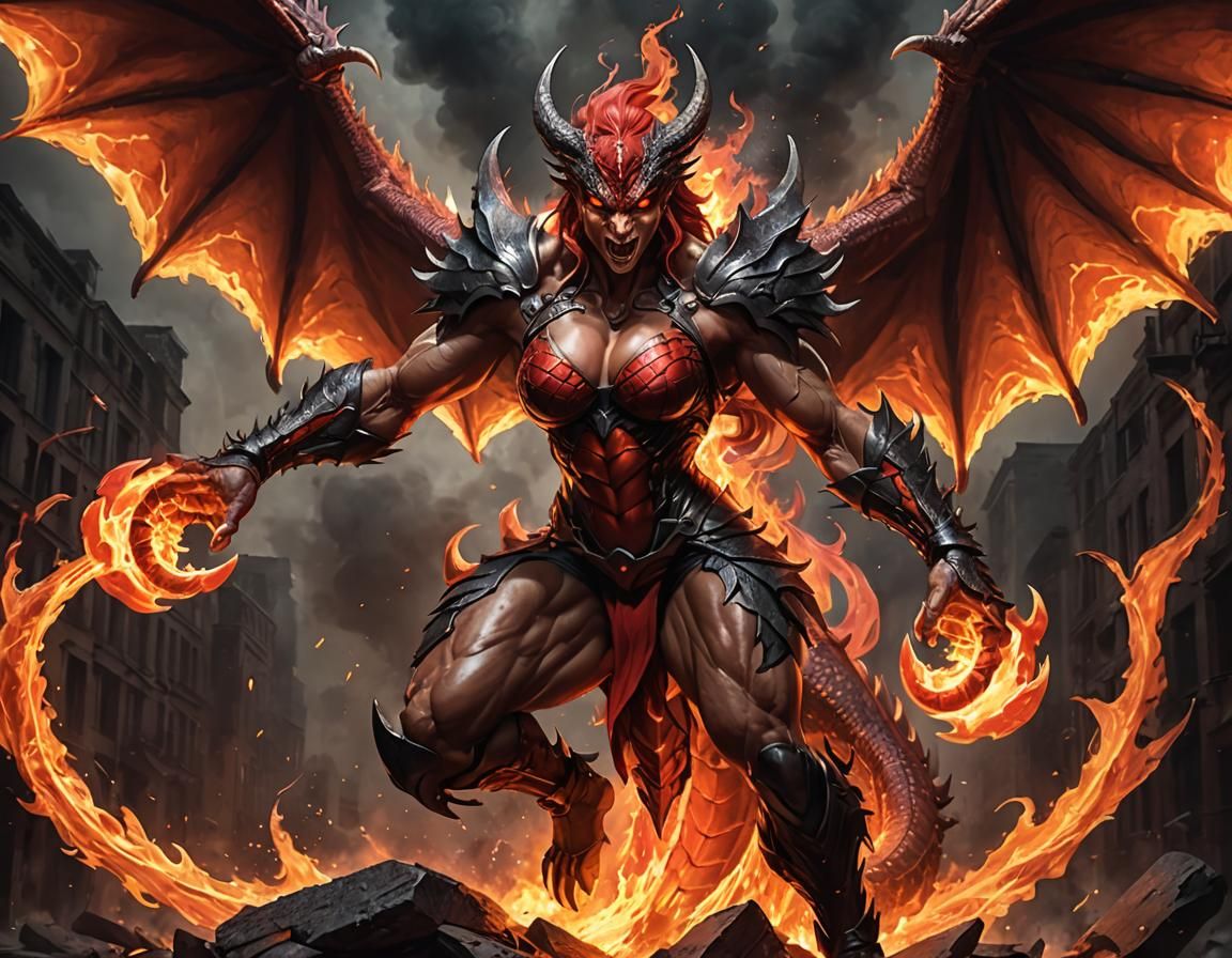 Demonic Bodybuilder Riding a Fire Dragon