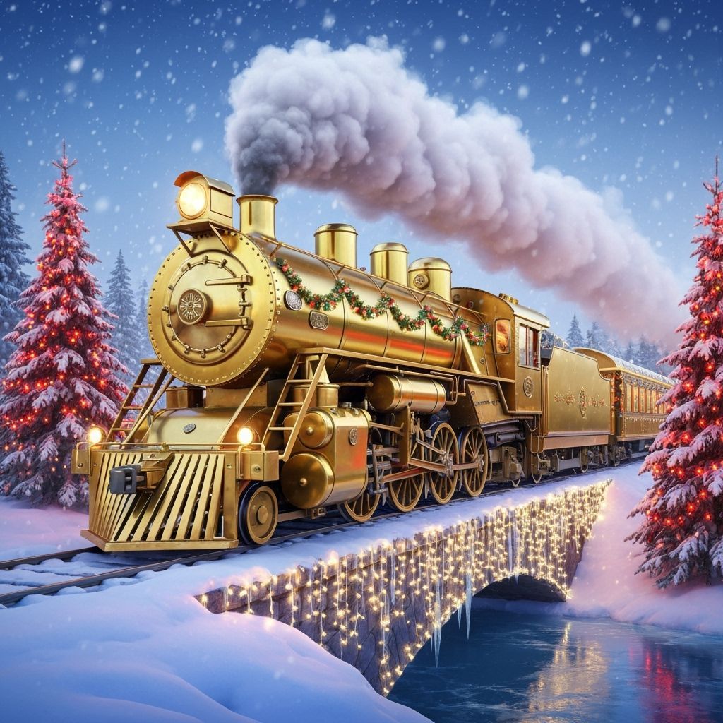 Golden Steam Train Through Snowy Forest