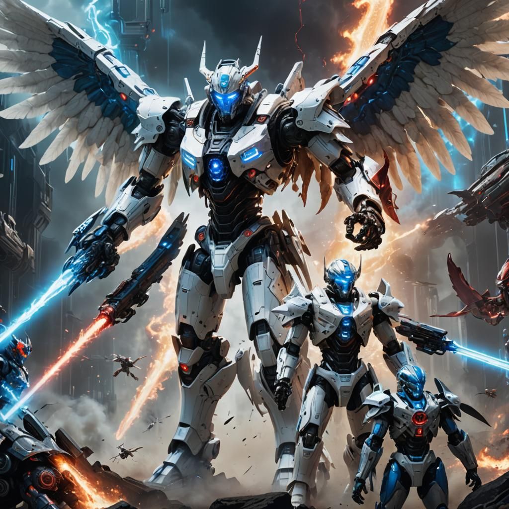 Futuristic Battle: Angelic Robot vs Cybernetic Demon