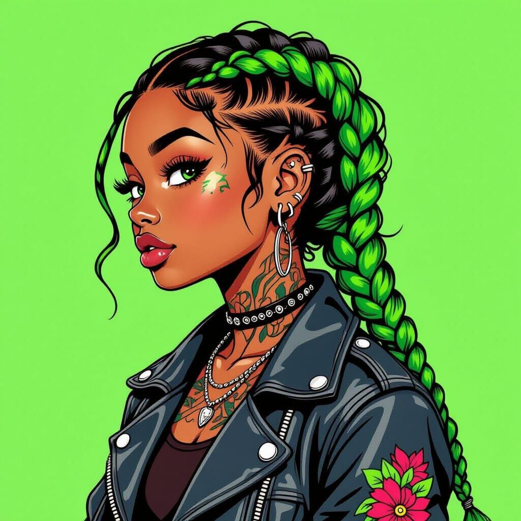 Cartoon black bad girl PFP close up profile one green French braid leather and denim jackets piercings and tattoos solid...