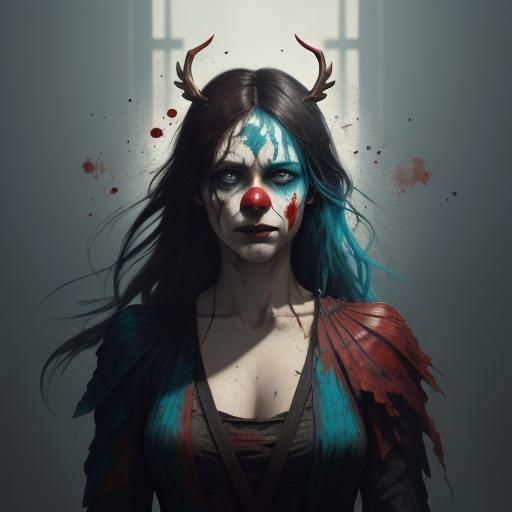 Anguished Clown Portrait in Art Nouveau Style