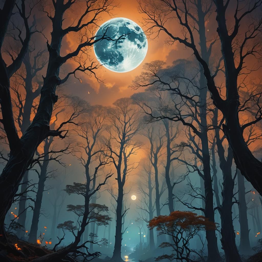 Mystical Forest: Glowing Moon in Neon Mist