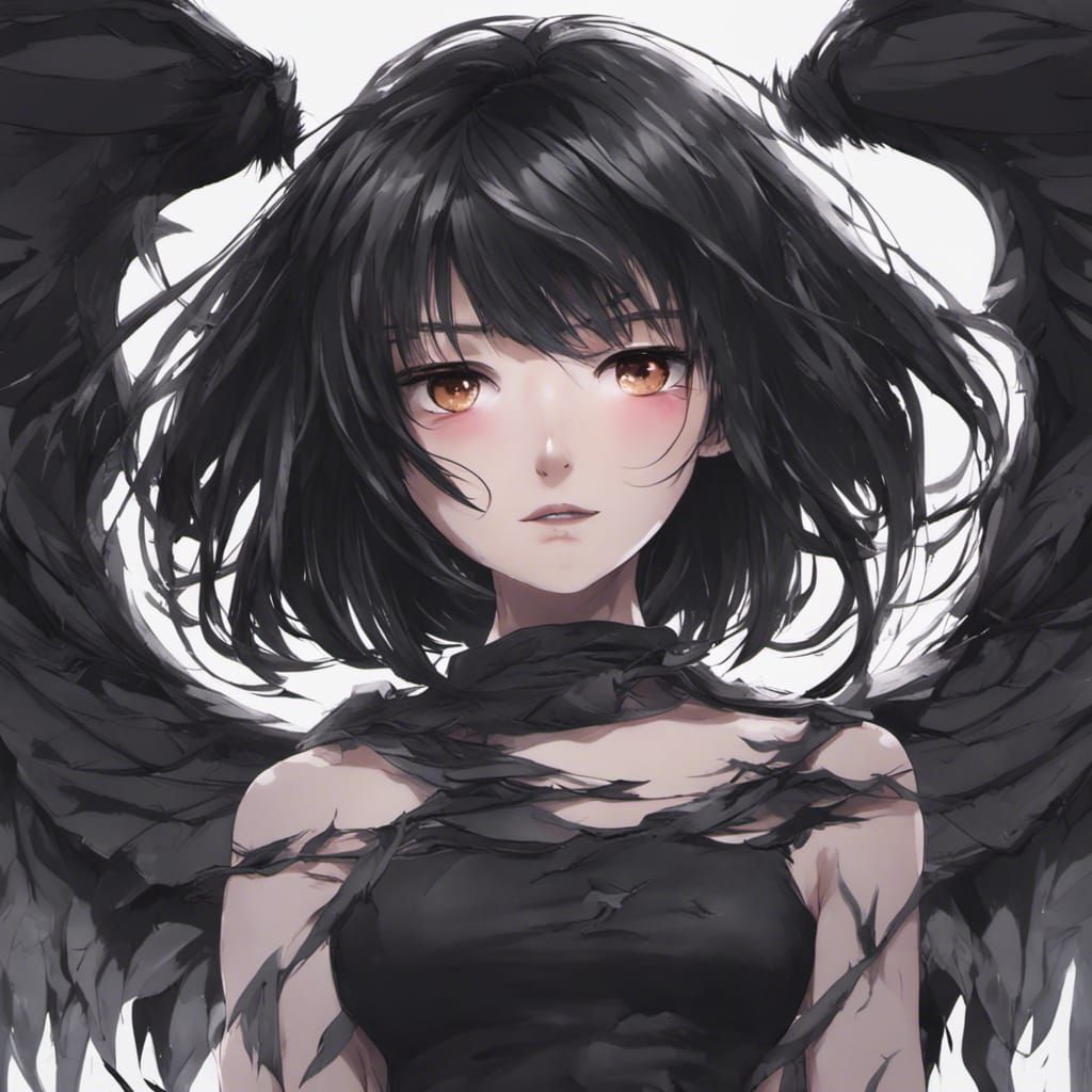 Fallen Angel with Black Wings in Anime Style